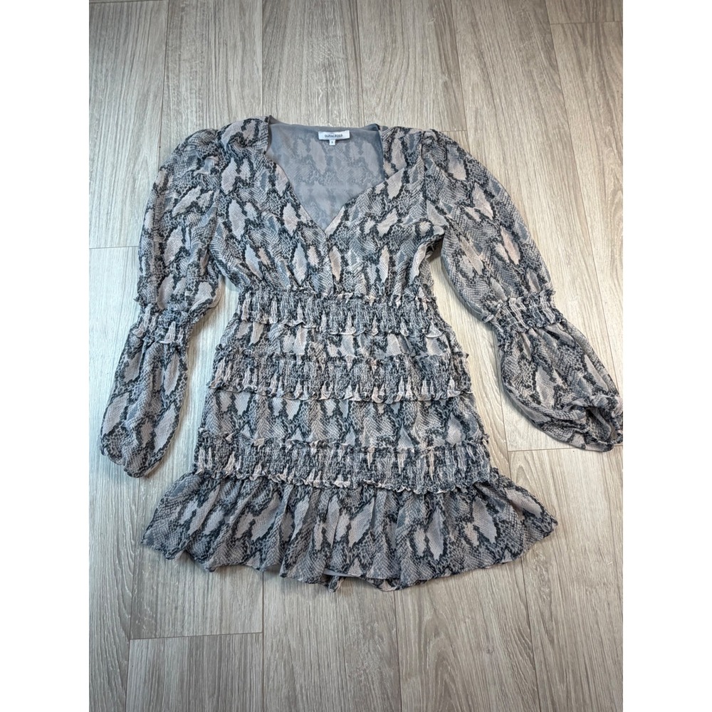 Olivaceous Grey‎ Snakeskin Print V-Neck Ruffle Tiered Smocked Mini Dress Small